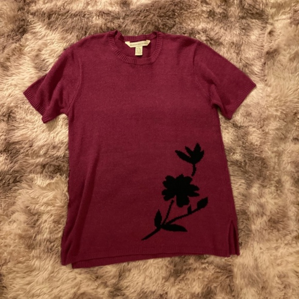Vintage Pink and Black Floral Silk Blend Short Sleeve Top Size Large